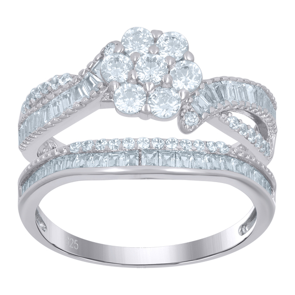 925 Sterling Silver Womens Baguette Cubic-Zirconia Flower Duo Ring Set Size 9